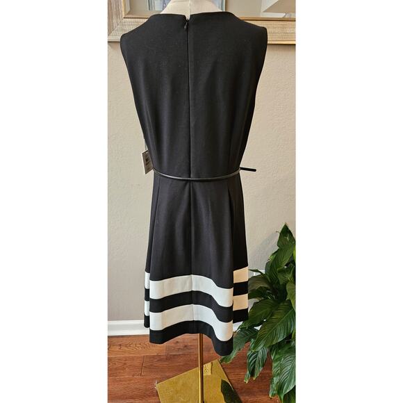 NWT Calvin Klein Belted Color Block Fit & Flare Dress Women Size 14 Black‎ White - Picture 4 of 8